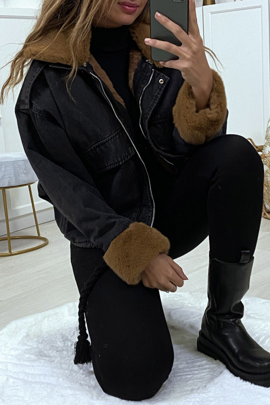 Black denim jacket with camel faux fur - 5