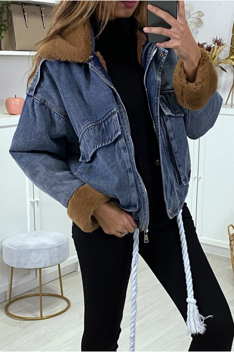 Blue denim jacket with camel faux fur - 3