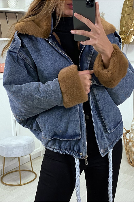 Blue denim jacket with camel faux fur - 4