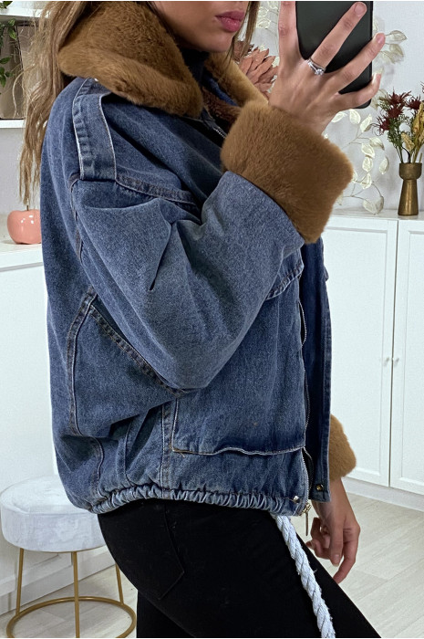 Blauw spijkerjack met camelkleurig imitatiebont - 5