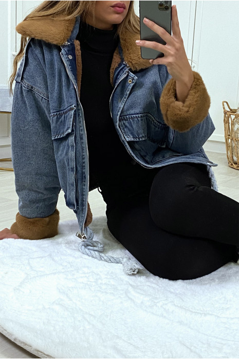 Blue denim jacket with camel faux fur - 7