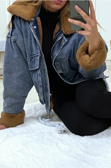 Blue denim jacket with camel faux fur - 8