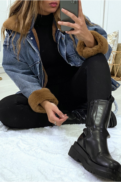 Blue denim jacket with camel faux fur - 9