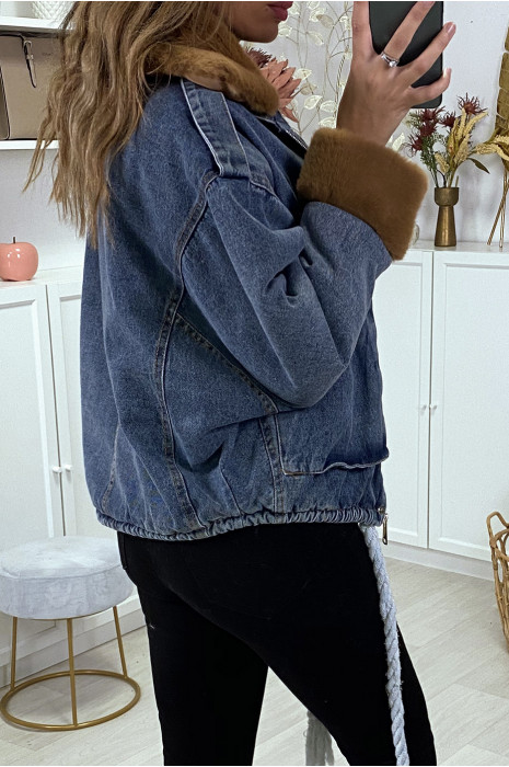 Blauw spijkerjack met camelkleurig imitatiebont - 10