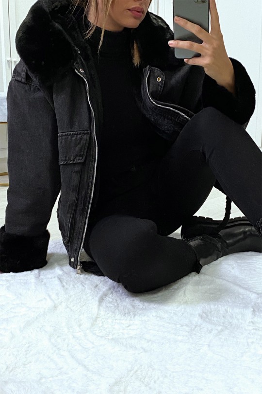 Veste en jean noire à fausse fourrure noire et capuche - 7