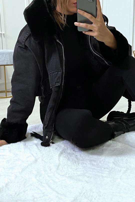 Veste en jean noire à fausse fourrure noire et capuche - 8