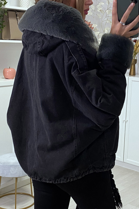 Black denim jacket with gray faux fur and hood - 3