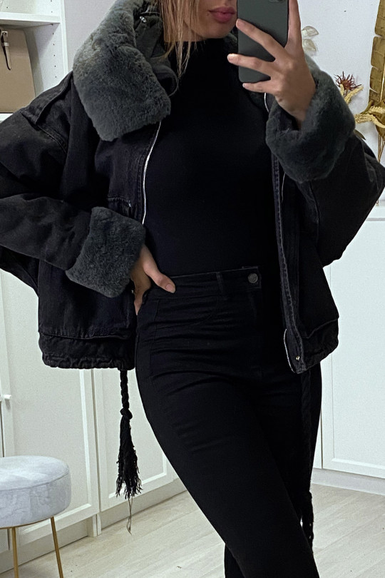 Black denim jacket with gray faux fur and hood - 4