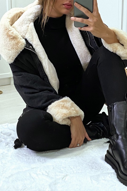 Veste en jean noire à fausse fourrure beige et capuche - 5