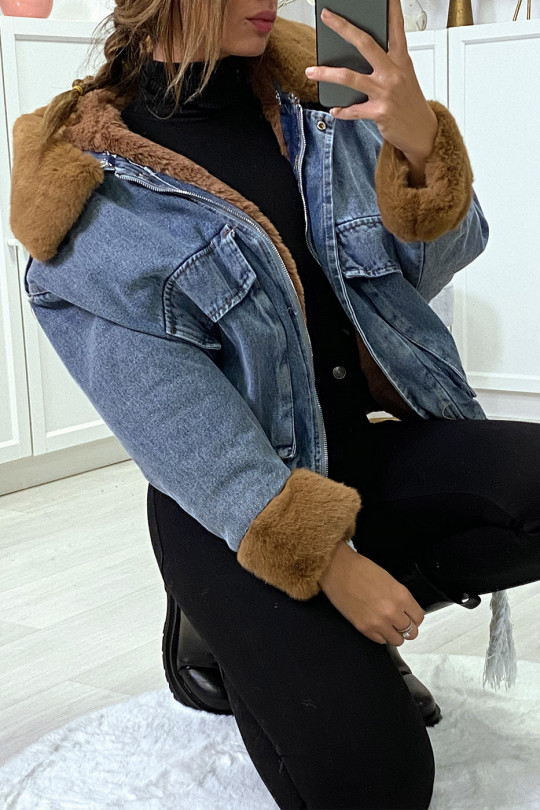 Blue denim jacket with camel faux fur and hood - 3