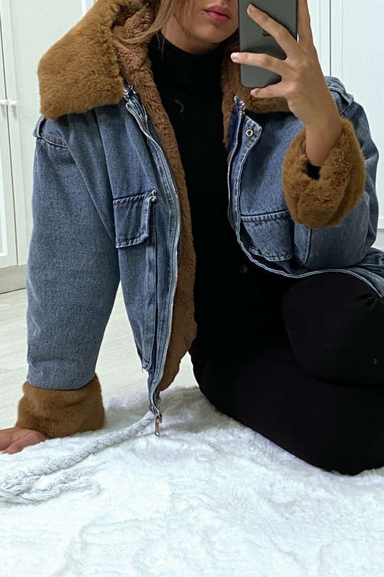 Blue denim jacket with camel faux fur and hood - 4