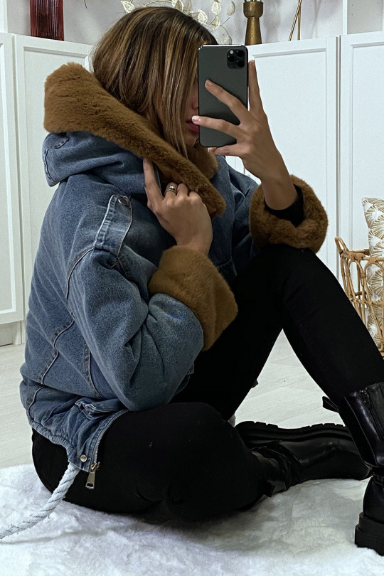 Blue denim jacket with camel faux fur and hood - 5