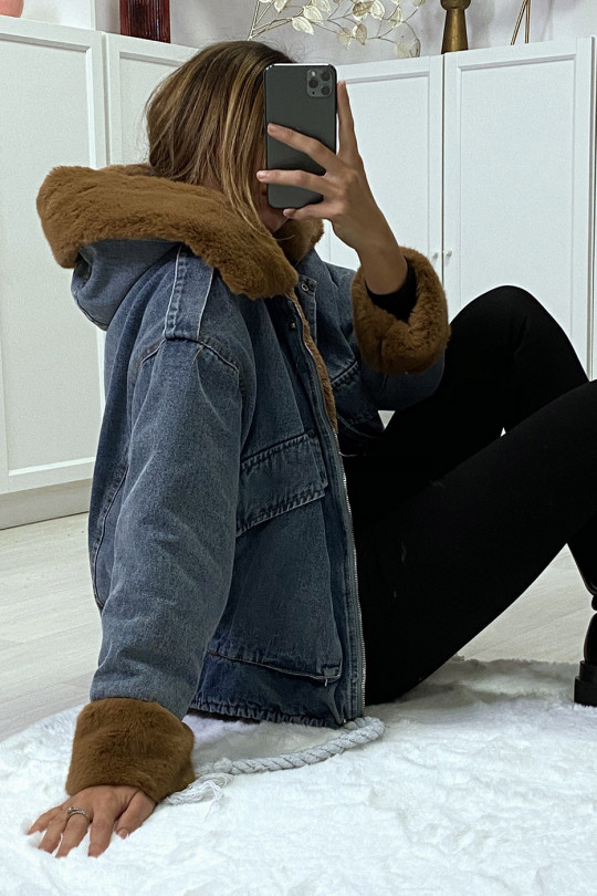Blue denim jacket with camel faux fur and hood - 6
