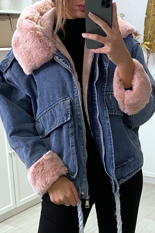 Blue denim jacket with pink faux fur and hood - 2