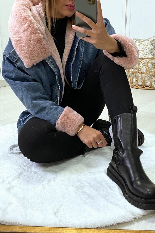 Blue denim jacket with pink faux fur and hood - 6
