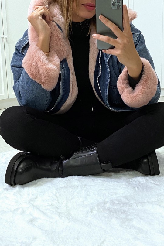 Blue denim jacket with pink faux fur and hood - 7
