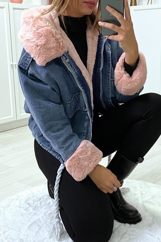 Blue denim jacket with pink faux fur and hood - 8