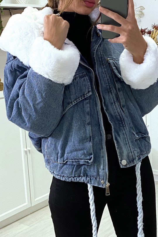 Blue denim jacket with white faux fur and hood - 2