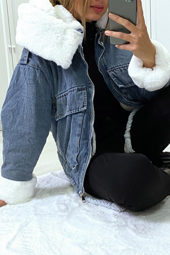 Blue denim jacket with white faux fur and hood - 4