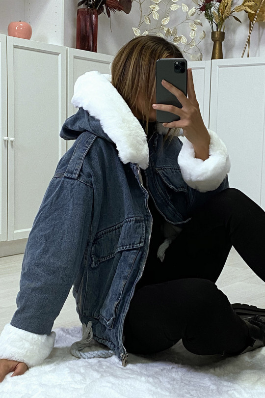 Blue denim jacket with white faux fur and hood - 6