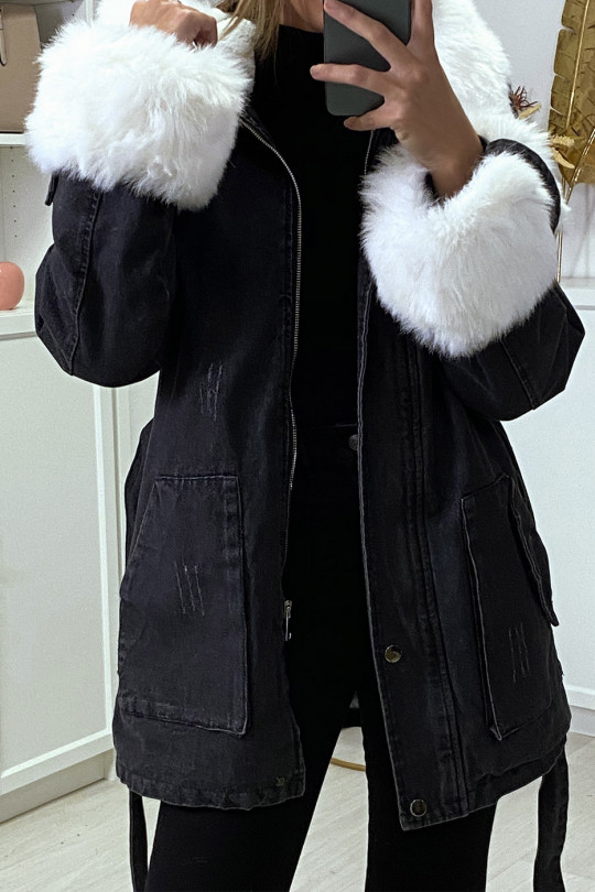 Long black denim jacket with white faux fur and hood - 1