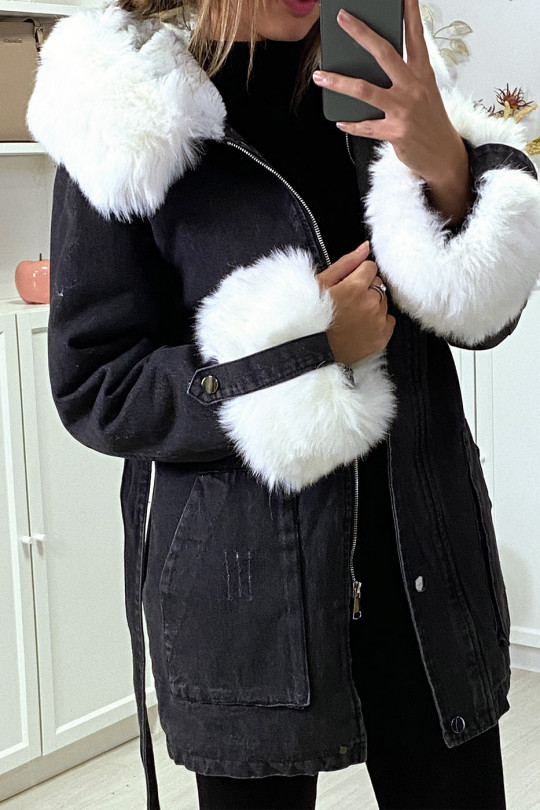 Long black denim jacket with white faux fur and hood - 2