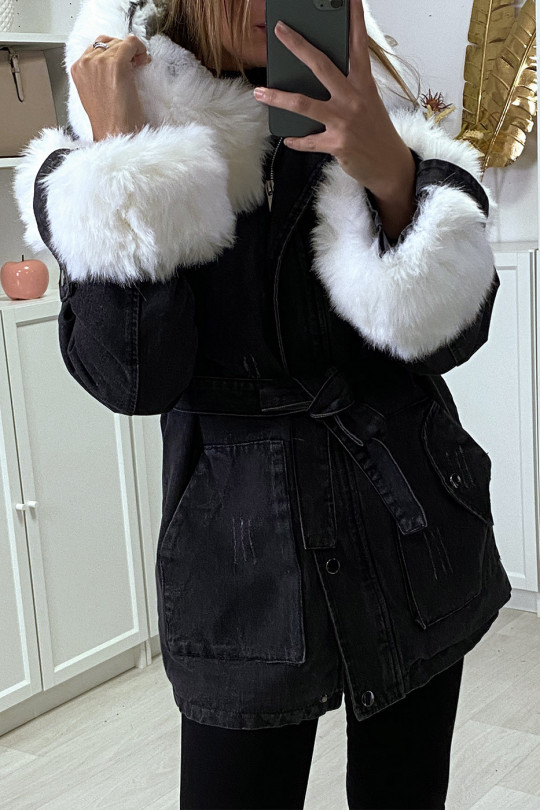 Long black denim jacket with white faux fur and hood - 3