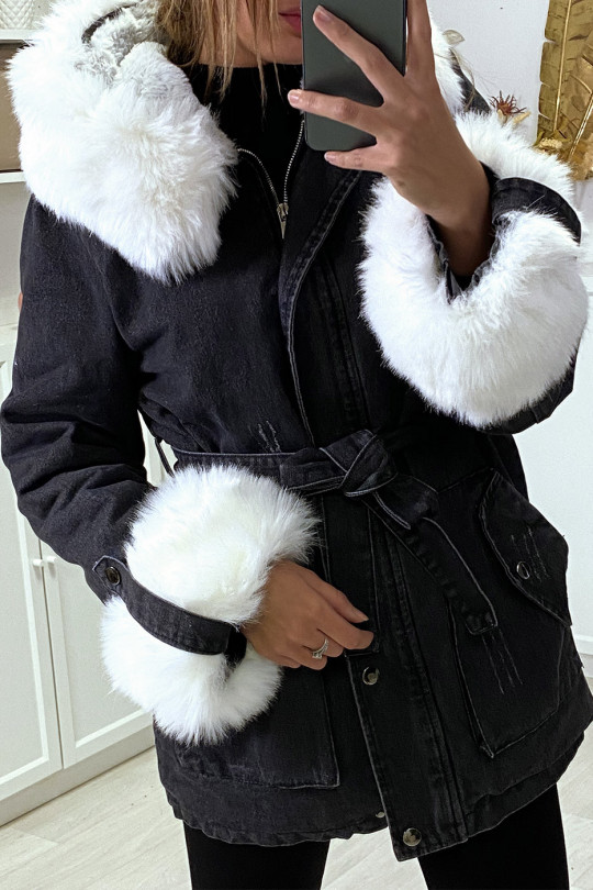 Long black denim jacket with white faux fur and hood - 4
