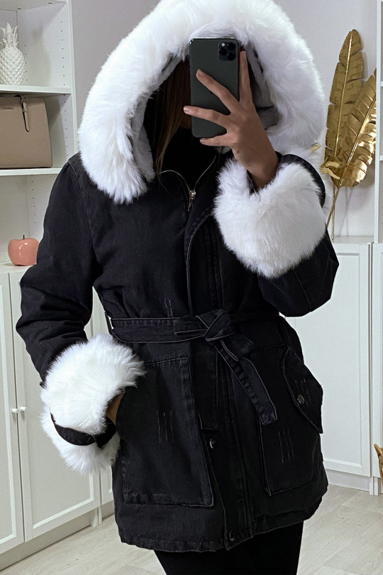 Long black denim jacket with white faux fur and hood - 5