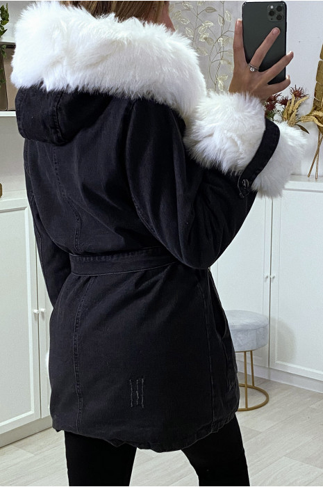 VeLLe en jean noire longue à fausse fourrure blanche et capuche - 6