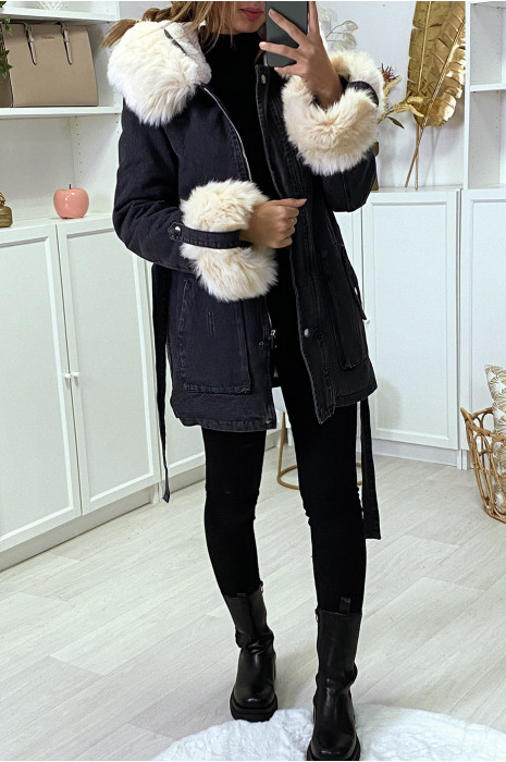 Veste en jean noire longue à fausse fourrure beige et capuche - 1