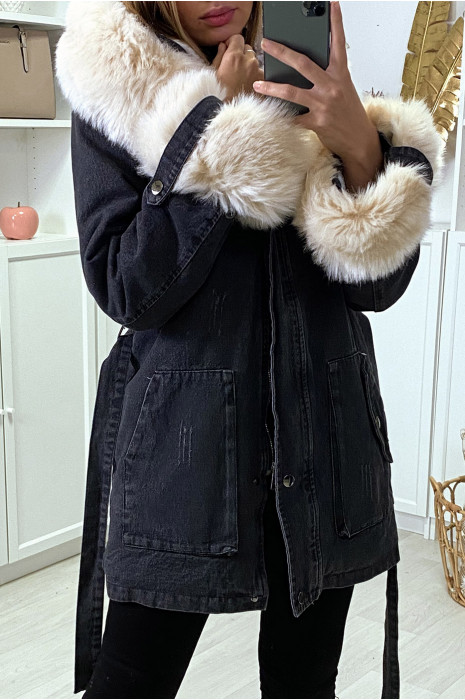 Veste en jean noire longue à fausse fourrure beige et capuche - 2