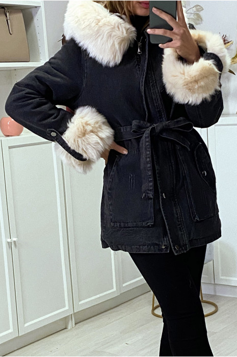 Veste en jean noire longue à fausse fourrure beige et capuche - 3