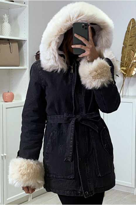 Veste en jean noire longue à fausse fourrure beige et capuche - 4