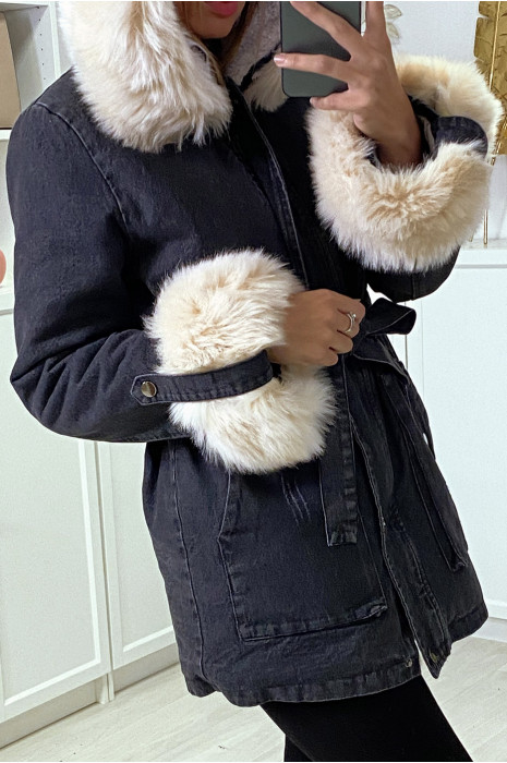 Veste en jean noire longue à fausse fourrure beige et capuche - 5