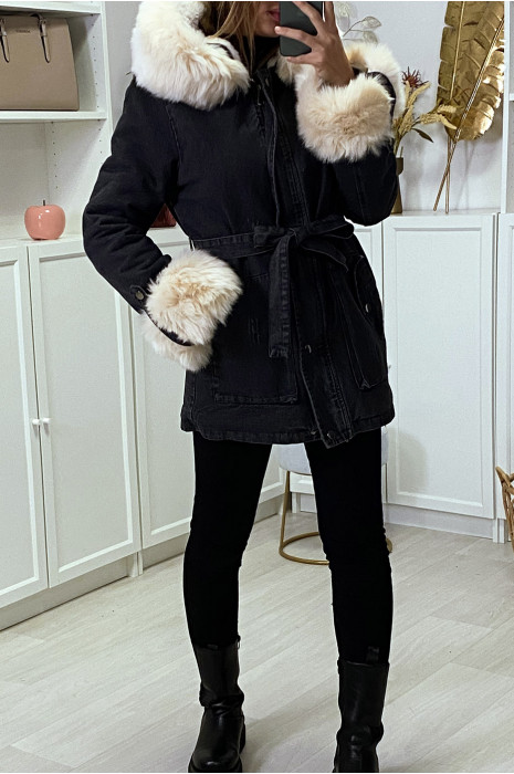 Veste en jean noire longue à fausse fourrure beige et capuche - 6