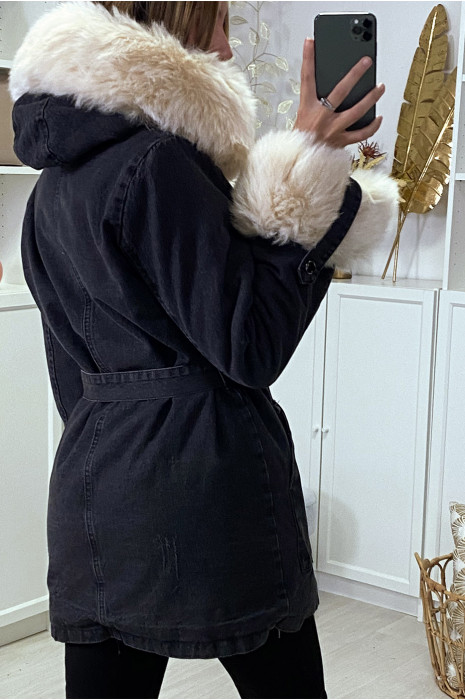 Veste en jean noire longue à fausse fourrure beige et capuche - 7