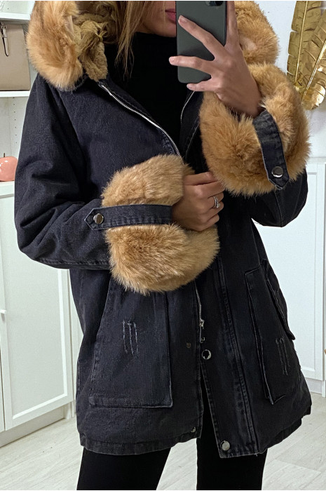 Veste en jean noire longue à fausse fourrure camel et capuche - 1