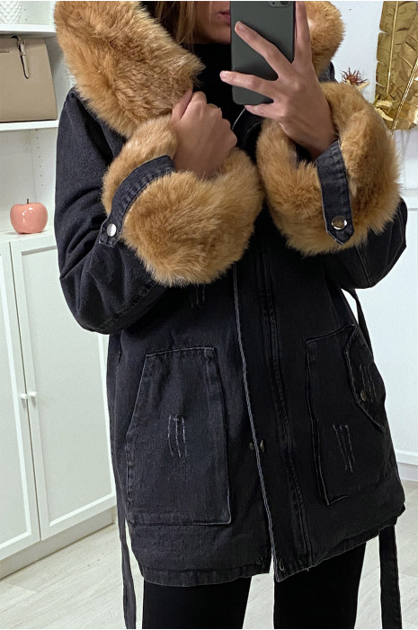 Veste en jean noire longue à fausse fourrure camel et capuche - 3