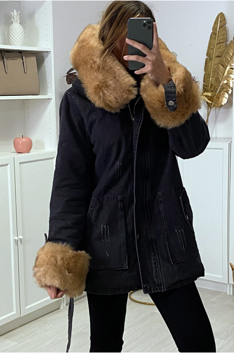 Veste en jean noire longue à fausse fourrure camel et capuche - 4
