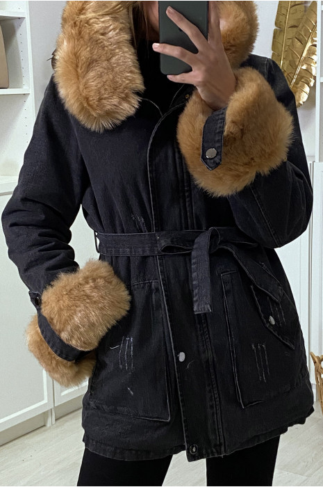 Veste en jean noire longue à fausse fourrure camel et capuche - 5