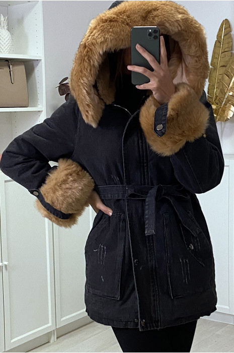 Long black denim jacket with camel faux fur and hood - 6