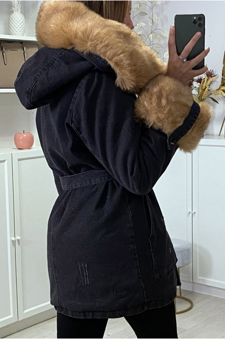 Veste en jean noire longue à fausse fourrure camel et capuche - 7