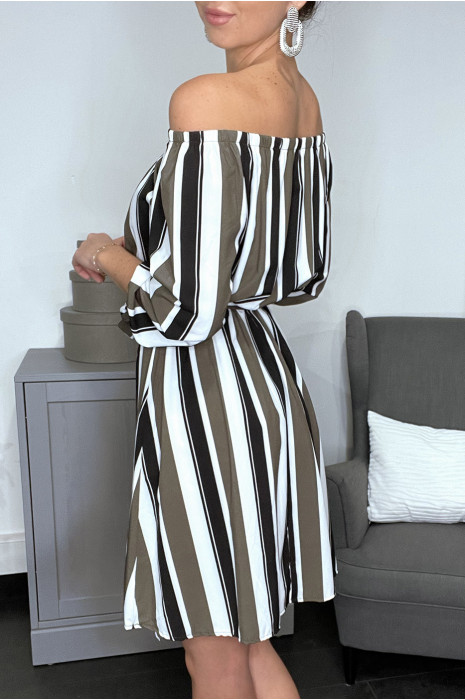 Robe à dominance kaki à col bardot - 1