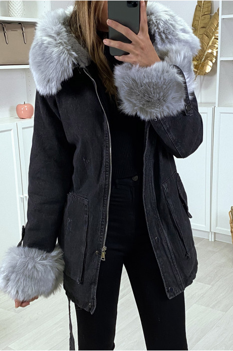 Veste en jean noire longue à fausse fourrure grise et capuche - 1