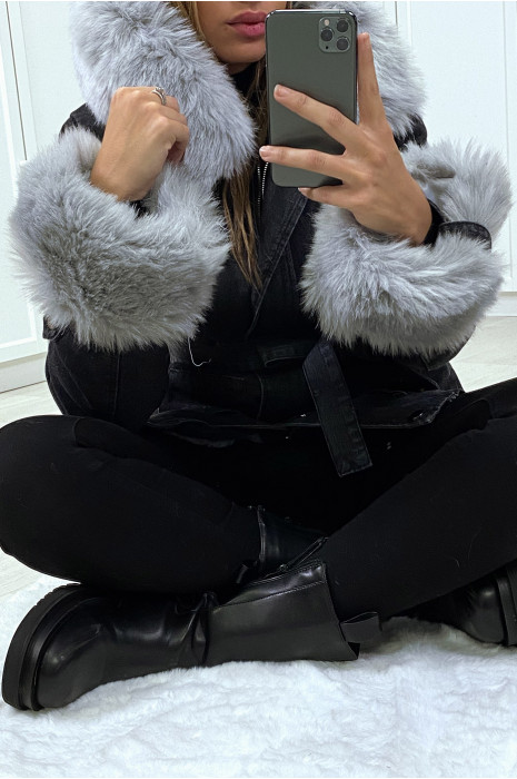 Veste en jean noire longue à fausse fourrure grise et capuche - 5