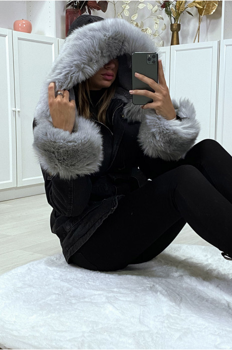 Veste en jean noire longue à fausse fourrure grise et capuche - 6