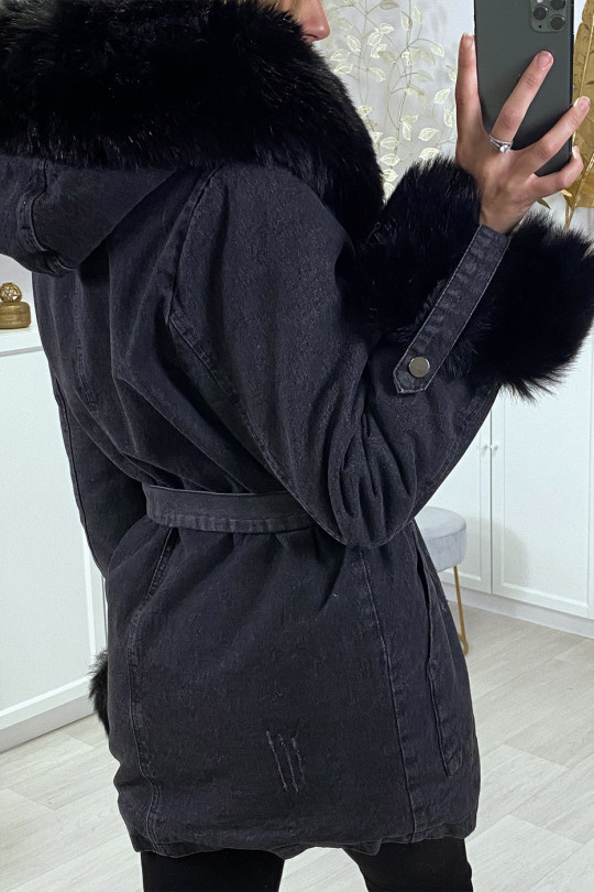 Veste en jean noire longue à fausse fourrure noir et capuche - 1
