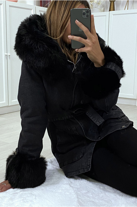 Veste en jean noire longue à fausse fourrure noir et capuche - 3