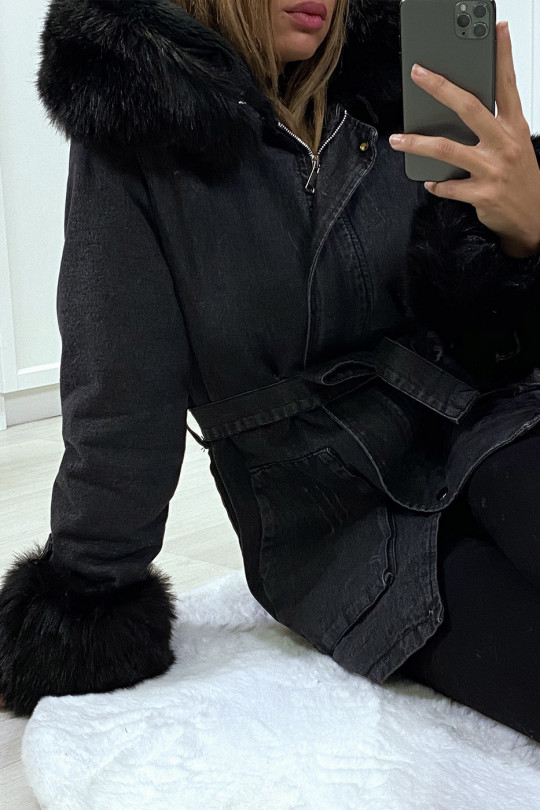 Veste en jean noire longue à fausse fourrure noir et capuche - 4